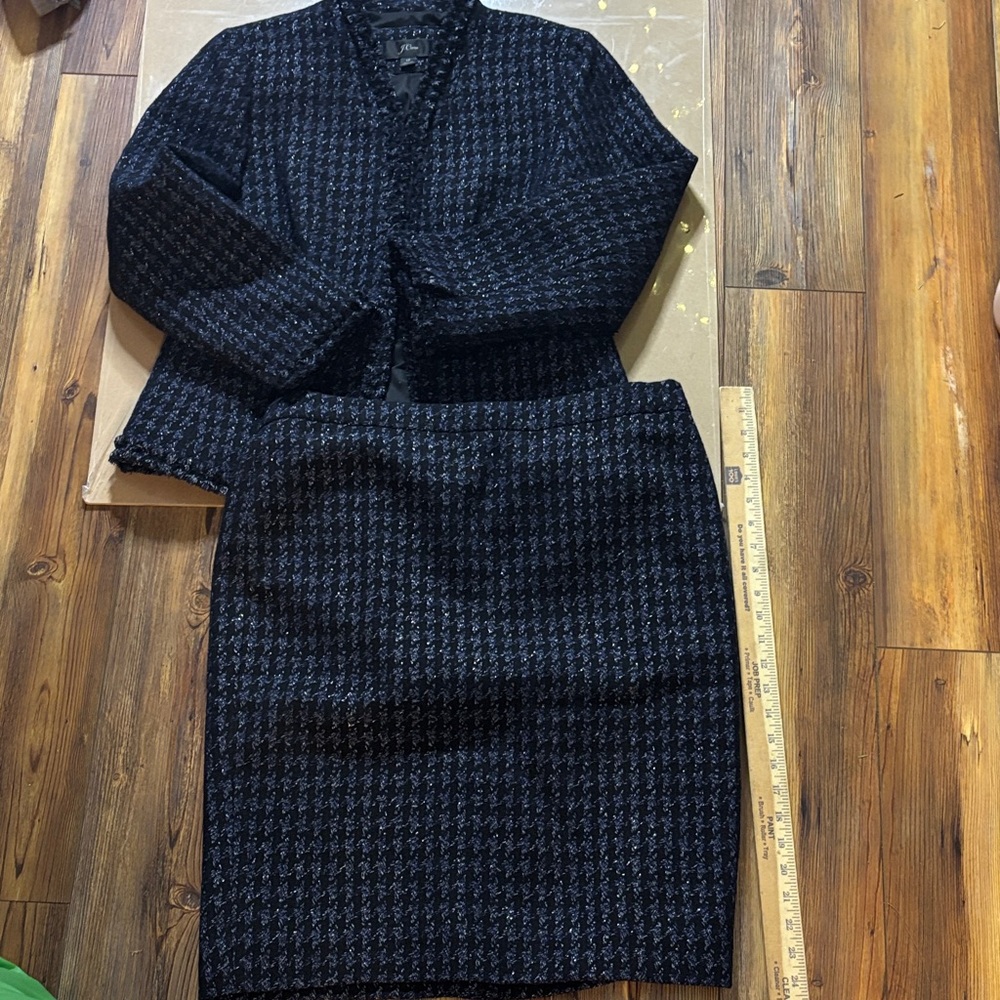 J. Crew Navy & Black Herringbone Tweed Jacket & Skirt SUIT with silver thread 12 - Picture 6 of 8